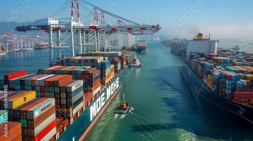 Busy Cargo Port with Container Ship photo