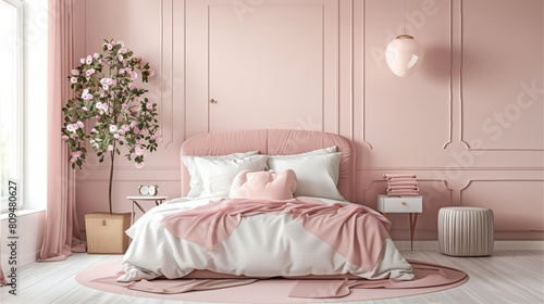 light pink bedroom It is a romantic and feminine color that can add elegance to any room and have a decorative pot filled with pink plants,Generative AI illustration.
