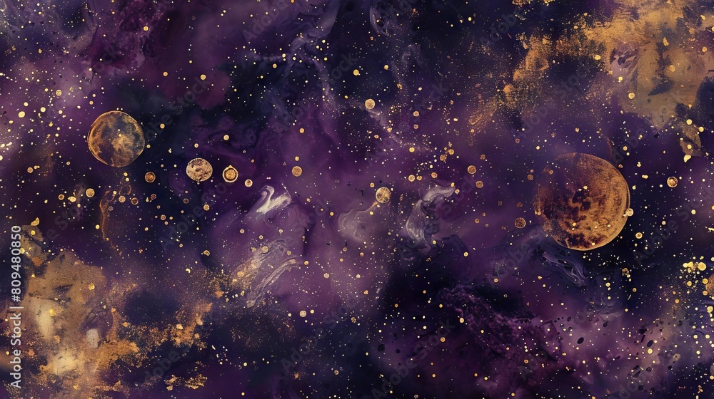 An abstract, galaxyinspired pattern with clusters of stars and nebulae in deep purples and gold