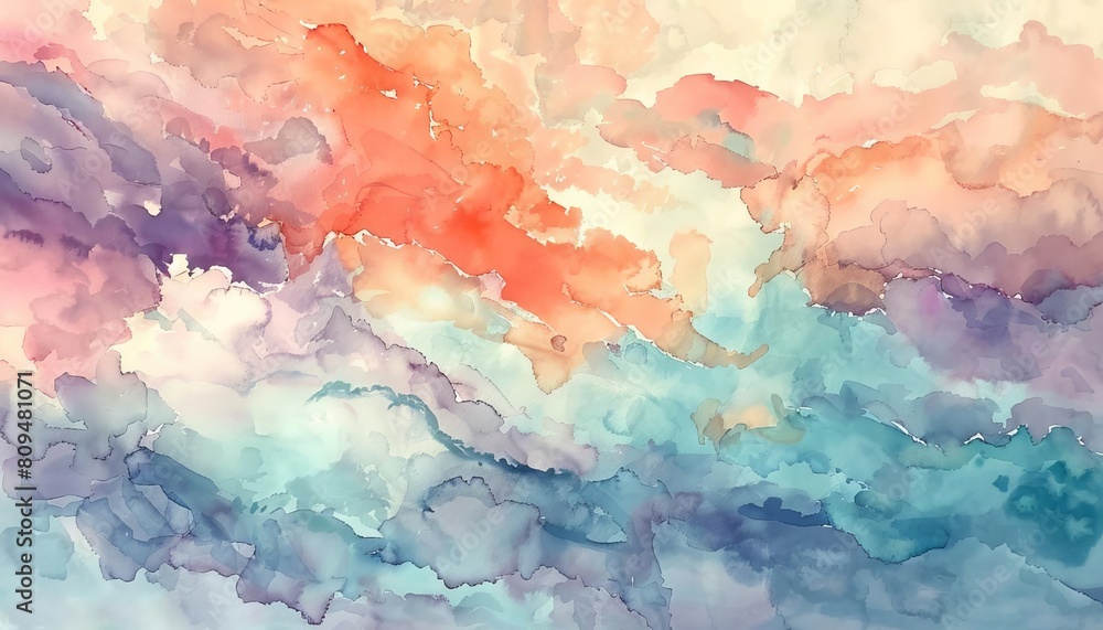 An abstract pastel watercolor painting blending calming shades of mint, coral, and lavender An abstract pastel watercolor painting blending calming shades of mint, coral, and lavender