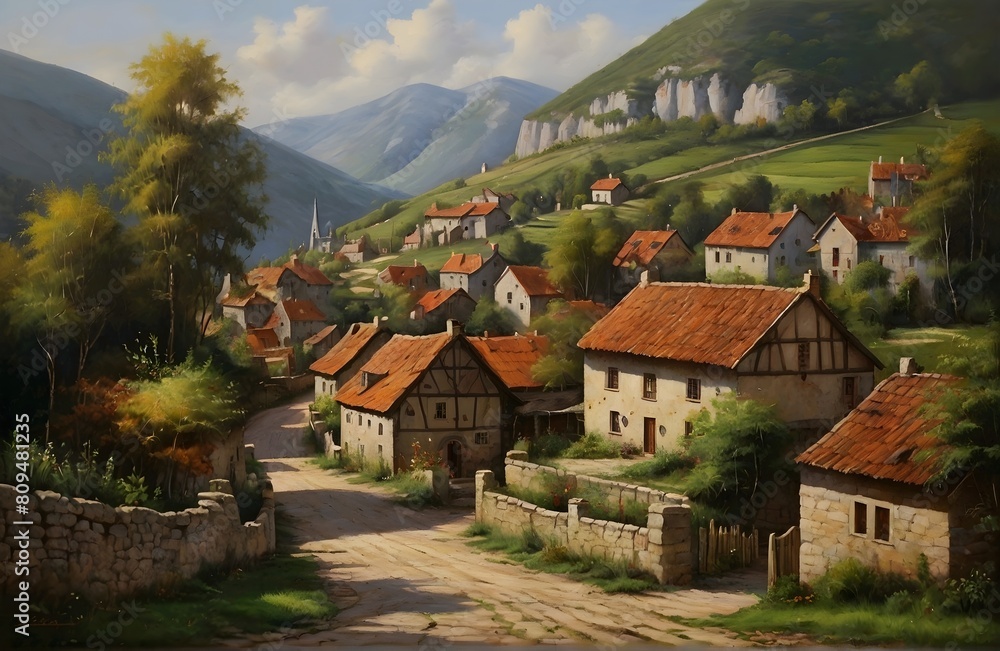 realistic oil painting of Beautiful little village