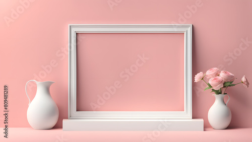 a vase of flowers and a picture frame on a shelf