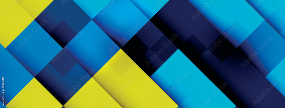 Vibrant colorfulness of blue and yellow geometric pattern with squares, triangles, and rectangles on aqua background. Features shades of azure and electric blue Vibrant colorfulness of blue and yellow geometric pattern with squares, triangles, and rectangles on aqua background. Features shades of azure and electric blue