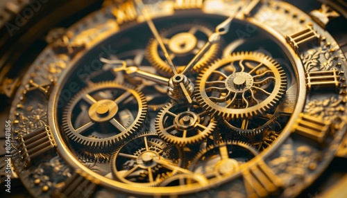 An artistic image of golden gears turning inside a clock, representing efficient revenue cycles