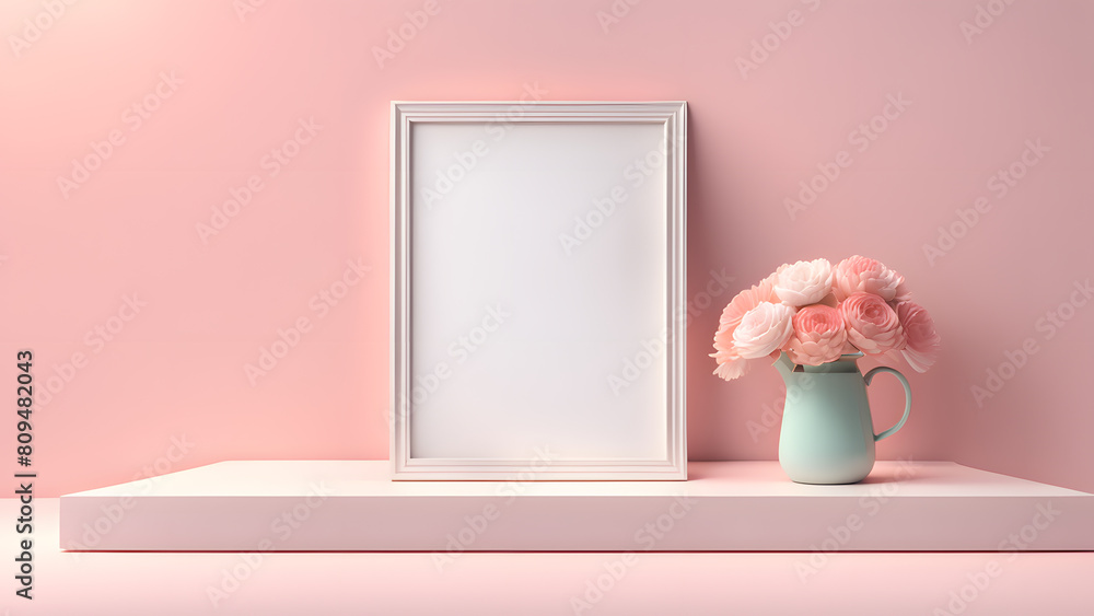 Obraz premium a vase with flowers on a shelf next to a picture frame, concept of beauty