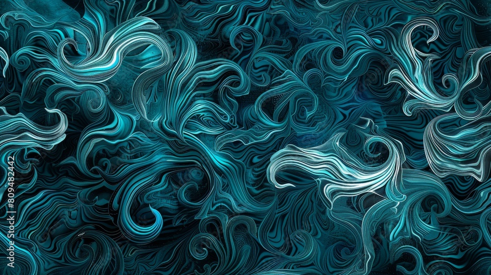 A complex and detailed pattern of swirling blue waves, with each wave made up of intricate patterns in shades of turquoise and teal. The background is dark brown to black. A complex and detailed pattern of swirling blue waves, with each wave made up of intricate patterns in shades of turquoise and teal. The background is dark brown to black.
