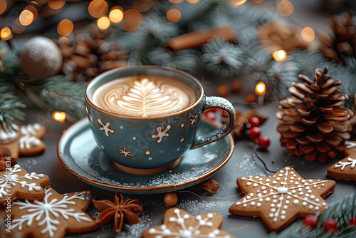 A cup of hot coffee with a frothy top, surrounded by gingerbread cookies in the shape and colors resembling snowflakes. Created with Ai