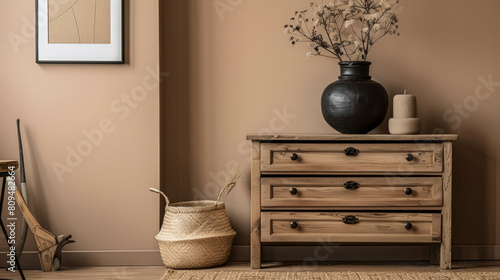 Rustic wooden dresser in an interior design room composition. Minimalistic, chic interiors.