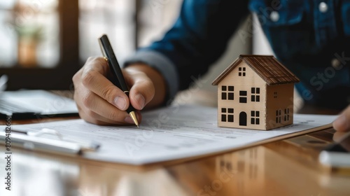 A person signing a contract or agreement document with a real estate agent, finalizing a property purchase or rental.  photo