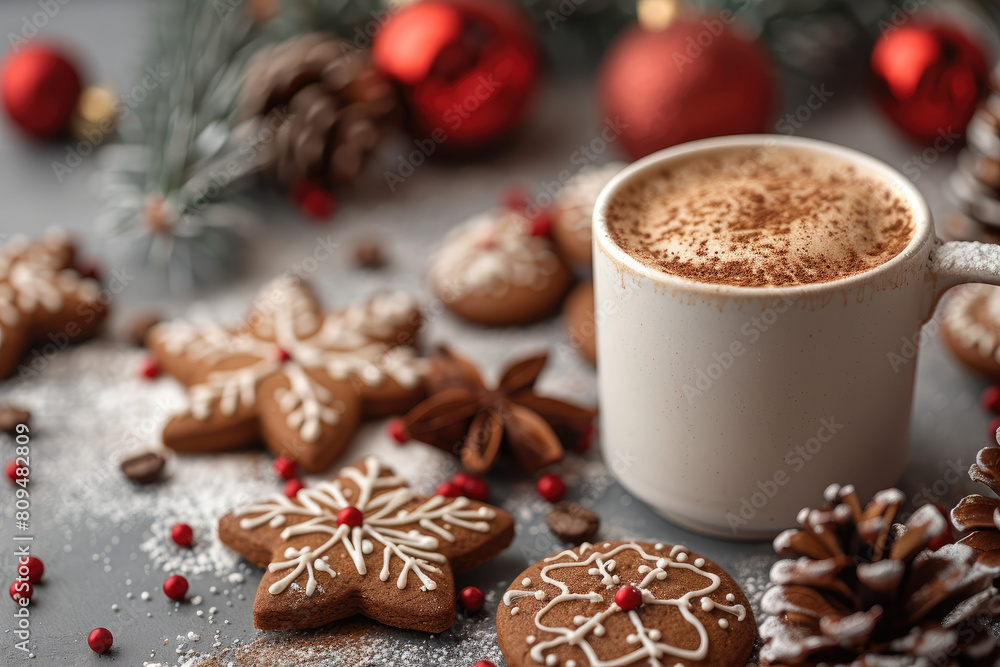  A cup of coffee with latte art in the shape of Christmas tree, surrounded by gingerbread cookies and star anise on wooden table with dark grey background. Created with Ai