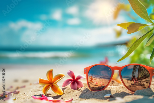Fototapeta Naklejka Na Ścianę i Meble -  A photo of orange sunglasses on the beach, with the lenses reflecting a serene beach scene, complemented by colorful frangipani flowers and a sunny blue sky