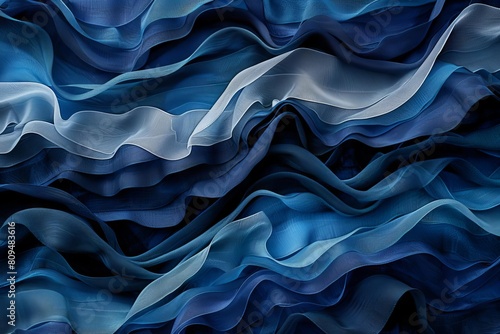 An organic  flowing pattern of layered waves in shades of navy  cobalt  and aquamarine  evoking a sense of ocean currents