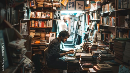 Freelancer editing videos in a quaint bookshop, surrounded bookshelves