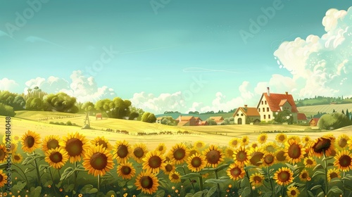 Sunflowers blossom in the rural fields of the village