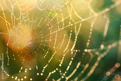 Closeup of dew drops on a spider web with morning sunlight creating a natural bokeh effect