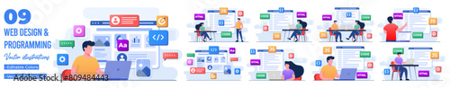Set of flat illustrations of computer programming, Java, HTML symbols, Web design, Software, application design, programming languages, developing, website 