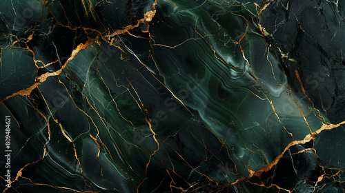 Abstract jade green jet black marble background with golden lines simulating a luxurious stone surface