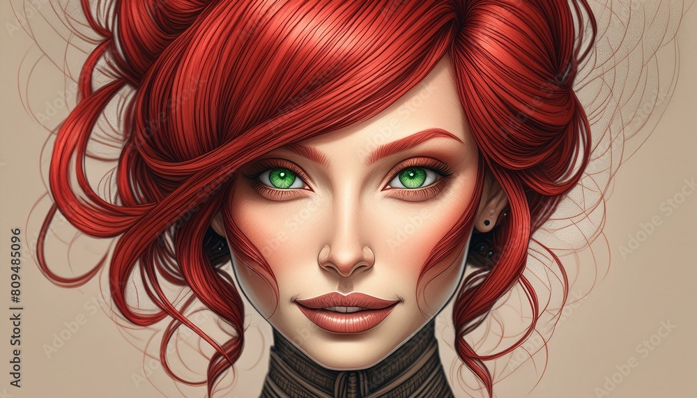 Young woman with striking red hair in elegant updo, mysterious green eyes, and a faint Young woman with striking red hair in elegant updo, mysterious green eyes, and a faint
