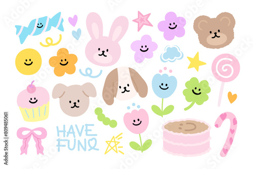 Illustration of teddy bear  bunny  puppy  flowers  cake  cupcake  candy  lollipop  pink ribbon  star  HAVE FUN letters for animals  pet  vet  pet shop  zoo  easter  cartoon  character  comic  mascot