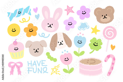 Illustration of teddy bear, bunny, puppy, flowers, cake, cupcake, candy, lollipop, pink ribbon, star, HAVE FUN letters for animals, pet, vet, pet shop, zoo, easter, cartoon, character, comic, mascot
