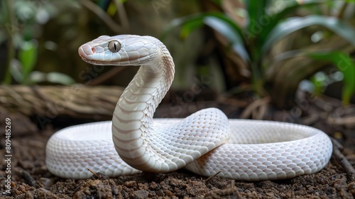 The Albino Javan Spitting Cobra, a species native to Java and the Lesser Sunda Islands in Indonesia, is depicted in this illustration.