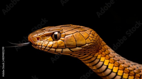 The Javanese cobra snake is depicted isolated on a black background, representing its habitat in Java, Indonesia, known scientifically as Naja sputatrix.