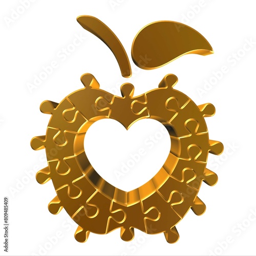 Golden puzzle apple with love heart inside.3D rendering illustration isolated on white background