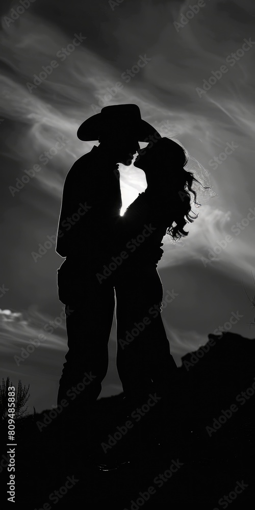 Cowboy Kiss Silhouette - Romantic Couple in Love Embracing with a Stunning Sunset Sky and Horse