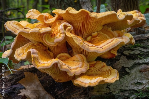 Chicken of the Woods Mushroom in Autumn Forest. Laetiporus sulphureus Fungi for Foraging photo