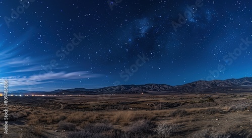 Starry Night Sky Above Desert Landscape, Clear Blue Milky Way Background with Endless Sand Dunes and Astrophotography, AI Generated