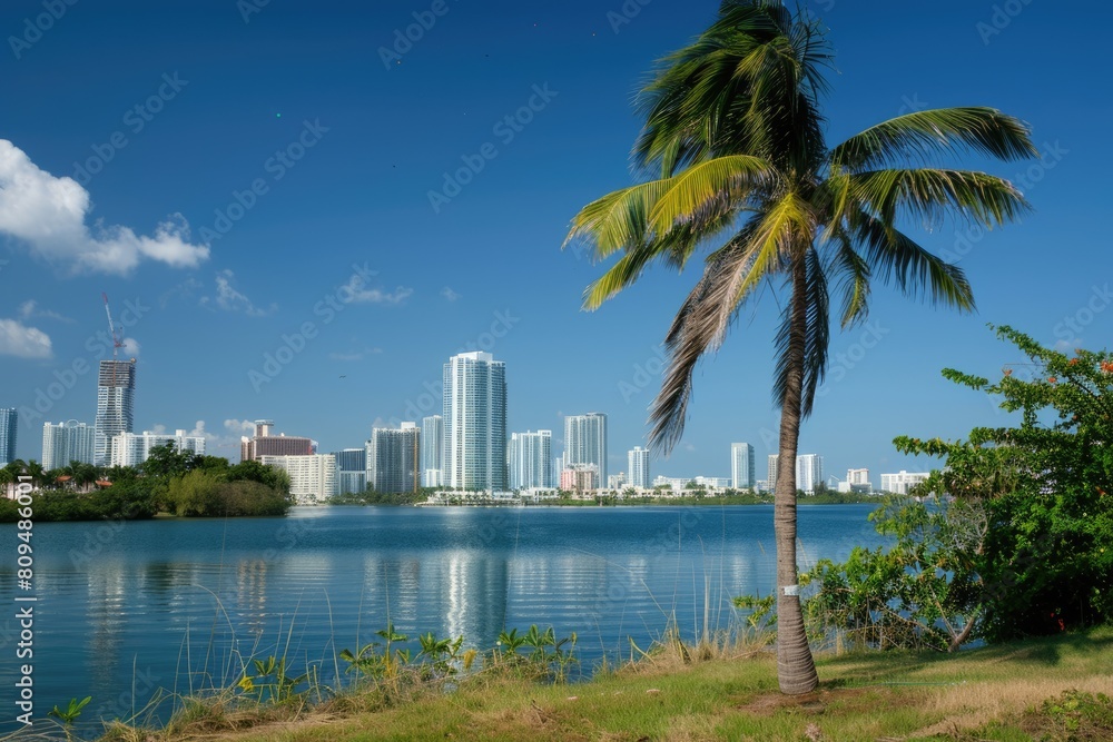 Fototapeta premium Cityscape of County. View from Biscayne Bay with Palm Tree. Urban Landscape