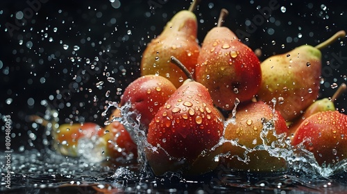 Ripe Pears Plunging into Inky Black Water,Creating Colorful Splash Patterns
