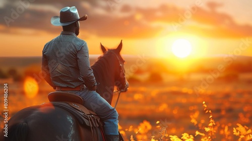 Afro cowboy on horseback, sunset over prairie, classic Western outfit, widebrimmed hat photo