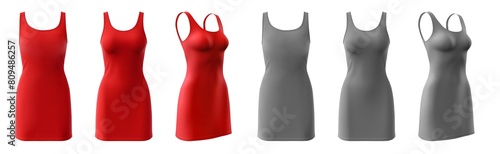 2 Set of red maroon grey gray  bodycon sleeveless basic everyday tank tee dress round neck, front back side view on transparent background cutout, PNG file. Mockup template for artwork design photo
