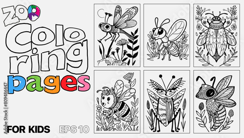 A set of six insect coloring pages for kids. The pages feature different types of insects, including bees, dragonflies, butterflies, and ladybugs.