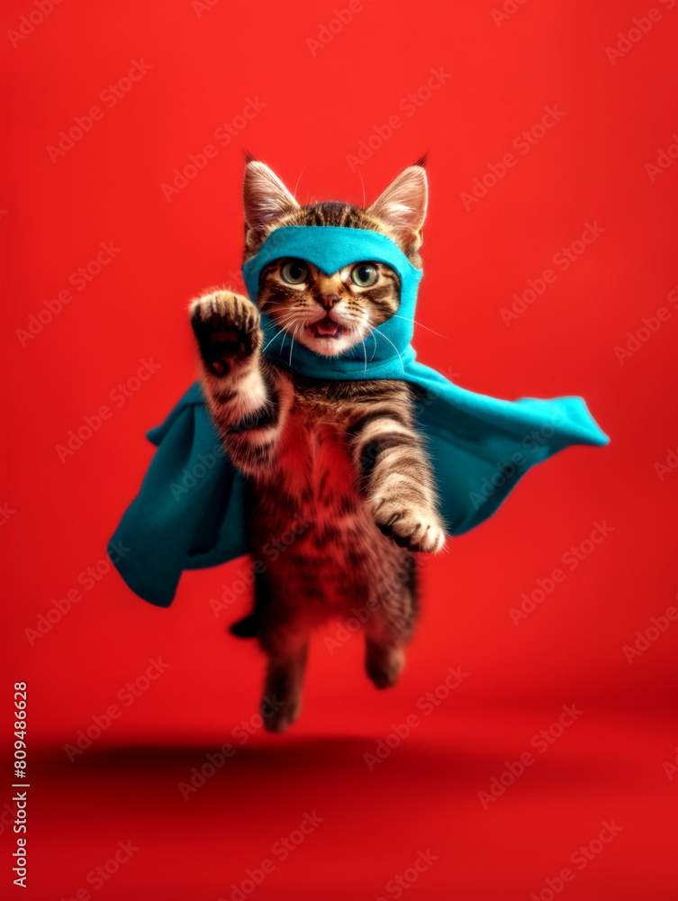 Funny Superhero cat on red background. Cute tabby kitten wearing a blue superhero cape and mask. Vertical studio photo of a super cat. Funny Superhero cat on red background. Cute tabby kitten wearing a blue superhero cape and mask. Vertical studio photo of a super cat.