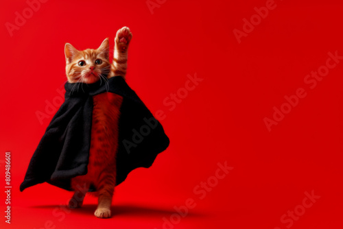 Cute orange tabby kitten in black cape raising paw. Little ginger superhero cat on red background with copy space for text. Super cat in black cloak. Brave cat rebel.