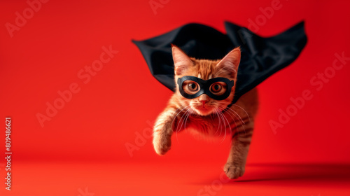 Superhero cat flying on red background. Orange tabby kitten in black cloak and mask. Studio photo of a funny super cat in cape with copy space for text. Concept for vet clinic, cat food