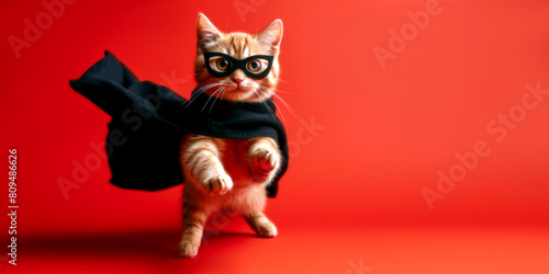 Superhero cat standing against red background with copy space for text. Orange tabby kitten in black cloak and mask looking at camera. Studio photo of a super cat in cape. For vet clinic, cat food, ad