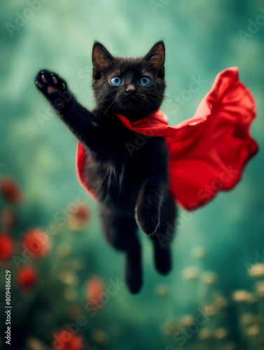 Cute superhero kitty on blurred green background with flowers. Little black cat in a red cloak flying like a superhero.