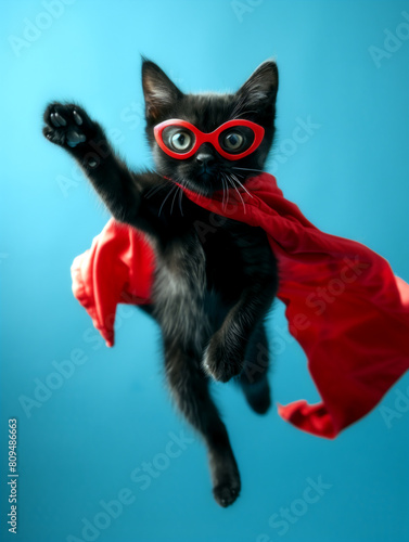 Cute superhero kitty on blue studio background. Little black cat in a red cape and mask flying like a superhero to the rescue. Funny cat vertical photo.