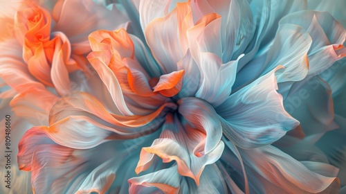 A surreal abstract composition of flowing peach and blue petals.