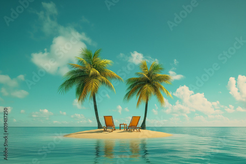 landscape of a small sandy island in the middle of the ocean  two palm trees  two empty deck chairs  torquoise water  escape to paradise  travel  releaxation  photorealistic    ai-generated 
