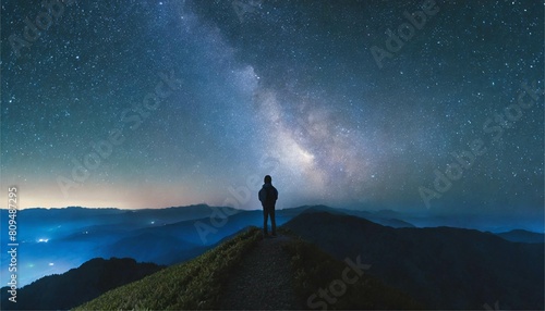 夜空　星空　星座　天の川　少年　シルエット　山　風景　イメージ　3dcg　イラスト素材 photo