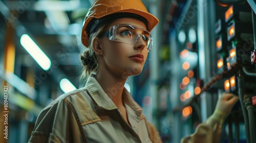 Portrait of female industrial electrician checking voltage and installations in power plan