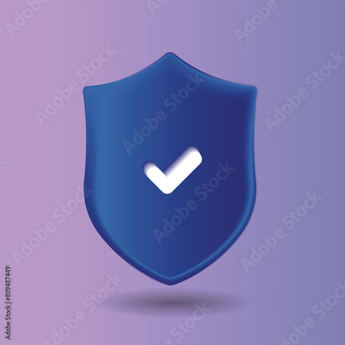 Technology security shield logo. 3D vector icon of checkmark, VPN symbol. Digital authentication and proxy server connection illustration. Virtual private network, password protection