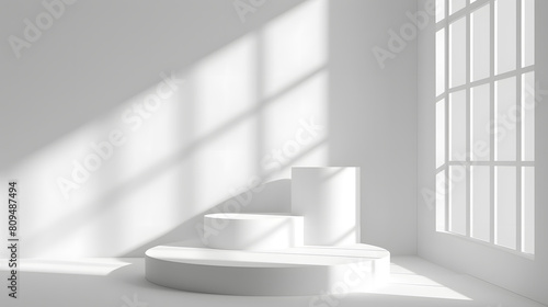 White round product display stand with window shadow and sunlight on white background. Stage showcase for products, sales, presentations. Vector 3D illustration.