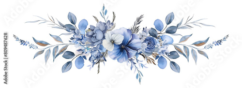 Floral Decorative Blue Mirror with Watercolor Flowers isolated on a transparent background