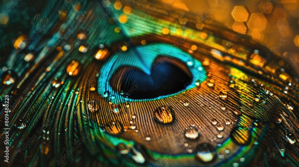 Naklejka premium Wet peacock feather in abstract composition