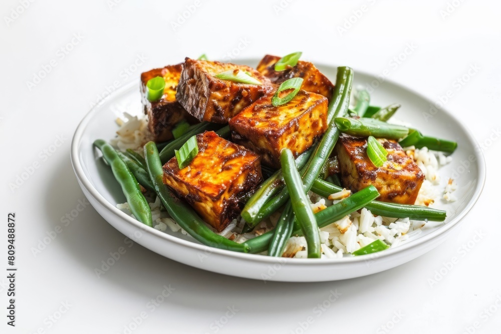 Crispy Air Fryer Chili-Garlic Tofu with Green Beans on Rice Crispy Air Fryer Chili-Garlic Tofu with Green Beans on Rice